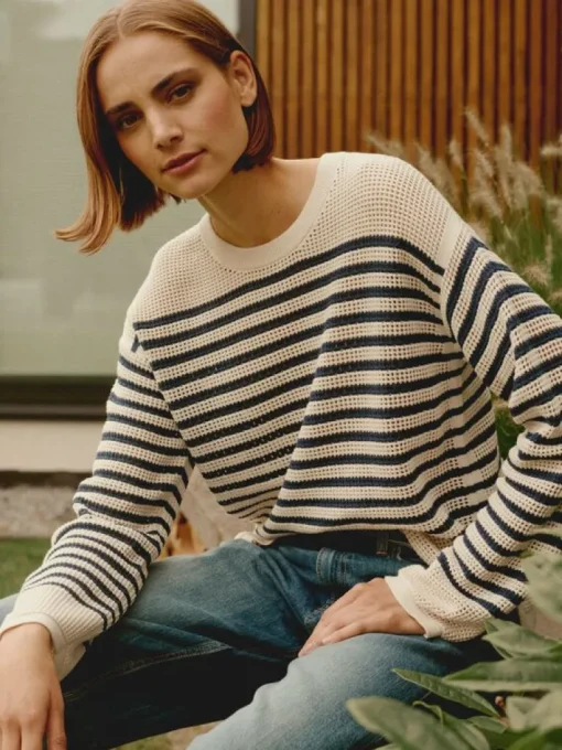 Repeat Cashmere Striped Ajour Sweater in Ivory-Marine