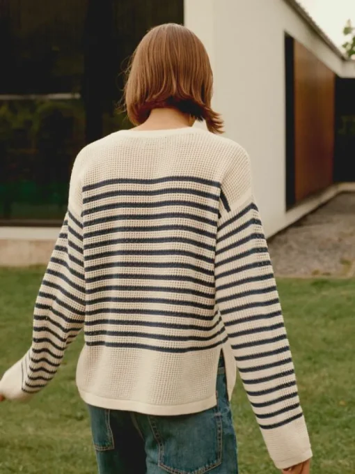 Repeat Cashmere Striped Ajour Sweater in Ivory-Marine