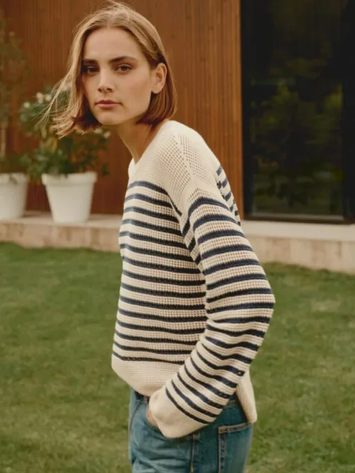 Repeat Cashmere Striped Ajour Sweater in Ivory-Marine