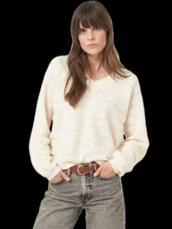 Repeat Cashmere V-neck Sweater with Textured Wavy Stripes in Vanilla