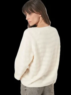 Repeat Cashmere V-neck Sweater with Textured Wavy Stripes in Vanilla