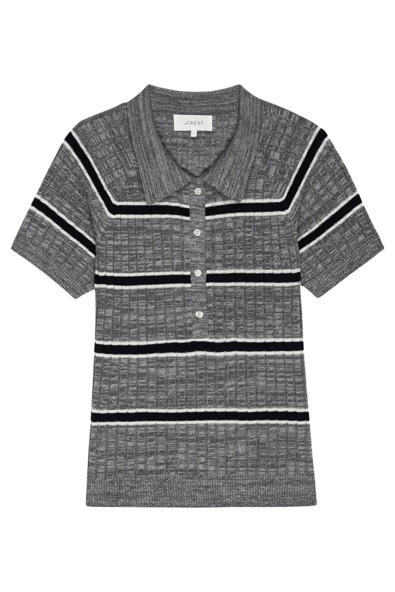 The Great Classic Polo Sweater in Heather Grey Stripe