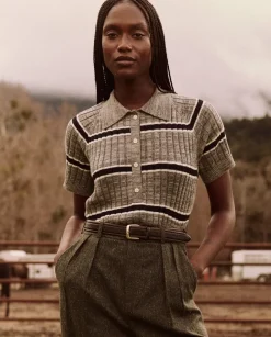 The Great Classic Polo Sweater in Heather Grey Stripe