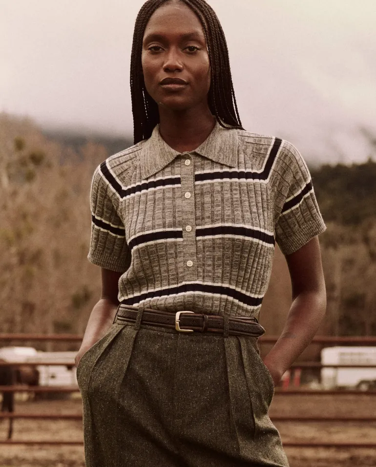 The Great Classic Polo Sweater in Heather Grey Stripe