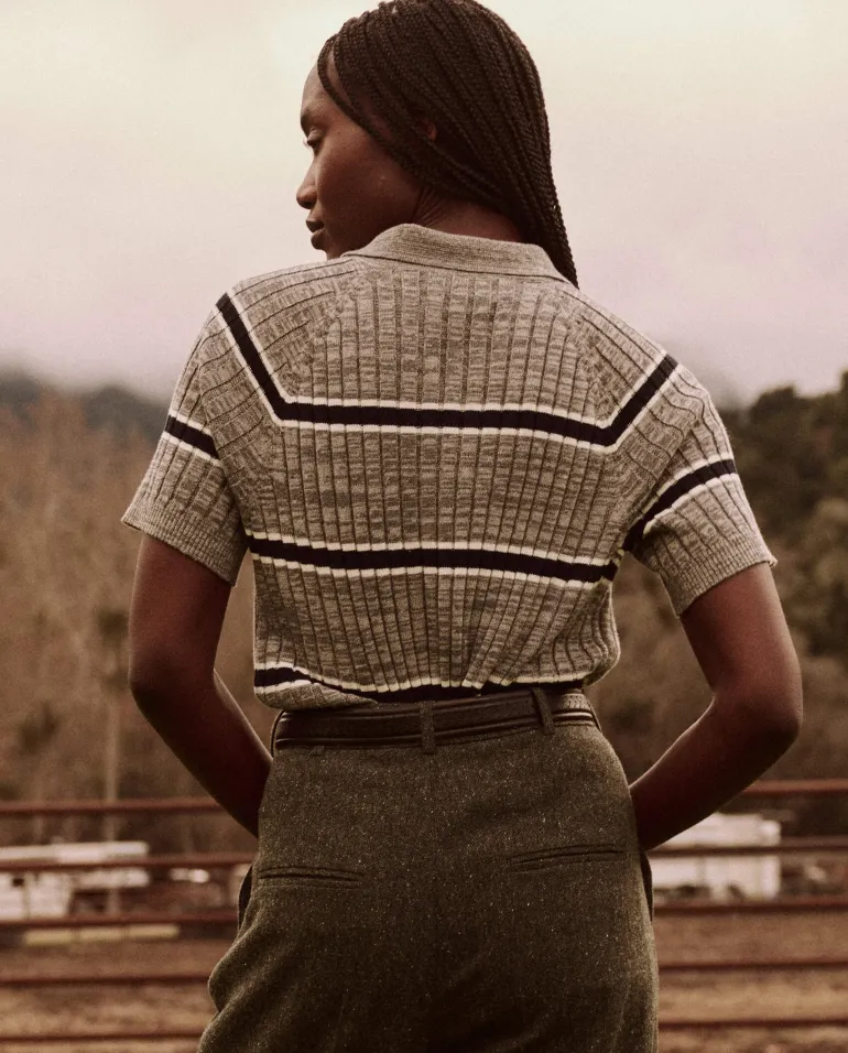 The Great Classic Polo Sweater in Heather Grey Stripe