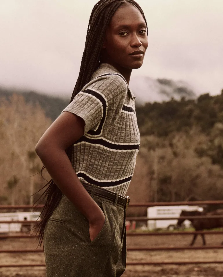 The Great Classic Polo Sweater in Heather Grey Stripe