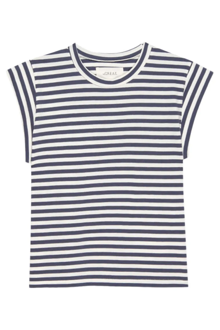 The Great Peak Shoulder Tee in Vintage Blue Stripes