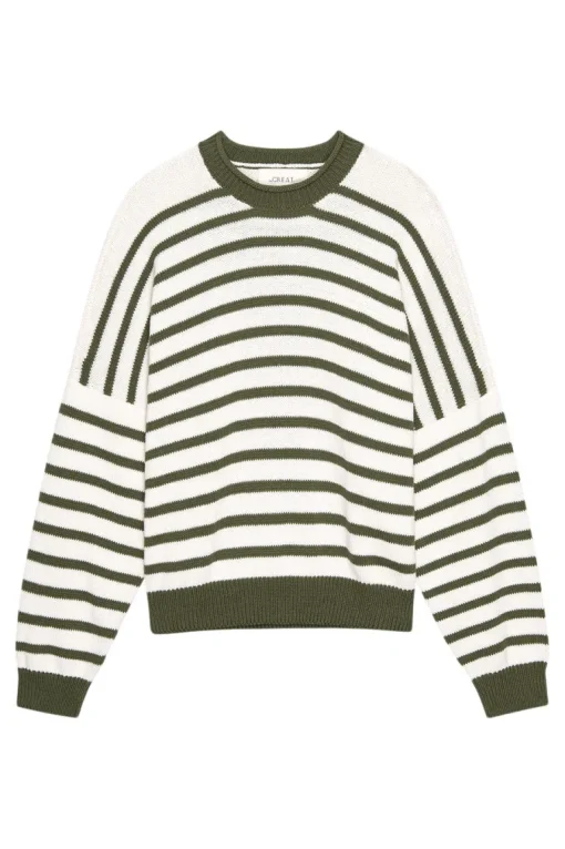 The Great Rollneck Pullover in Olive and Cream Stripe
