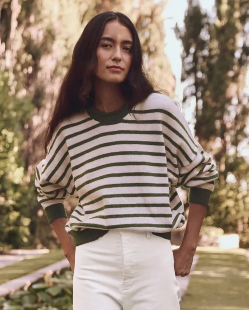 The Great Rollneck Pullover in Olive and Cream Stripe