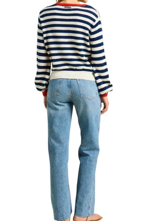 Trovata Birds of Paradis Ryann Sweater in Navy Stripe with Red