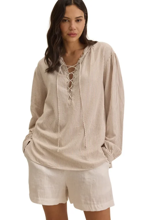 Velvet Deara Cotton Blend Striped Blouse in Oatmeal