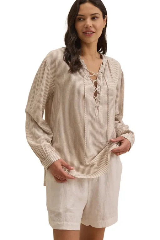 Velvet Deara Cotton Blend Striped Blouse in Oatmeal
