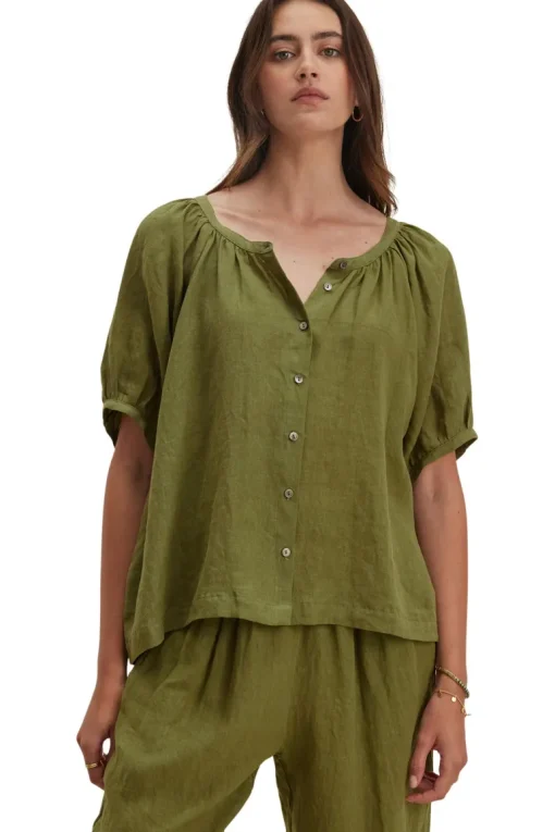 Velvet Jaimi Woven Linen Top in Sap
