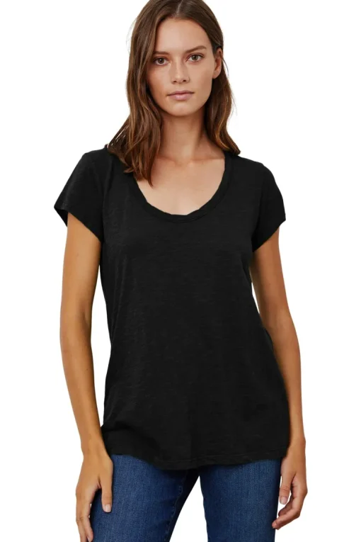 Velvet Kira Short Sleeve Soft V-neck Tee in Black