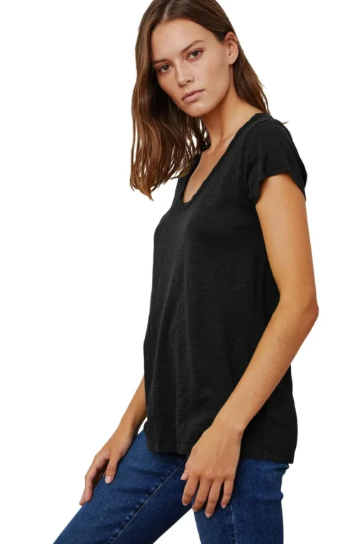 Velvet Kira Short Sleeve Soft V-neck Tee in Black