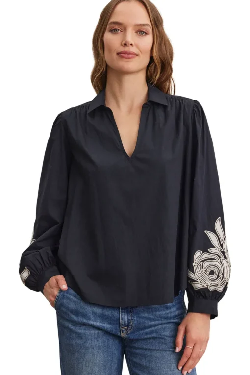 Velvet Martine Embroideried Top in Black