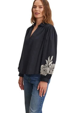 Velvet Martine Embroideried Top in Black