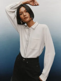 White & Warren Cashmere Embroidered Stitch Shirt