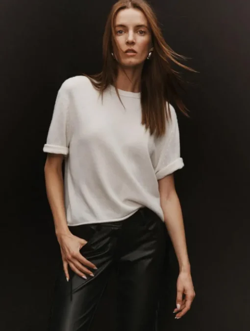 White & Warren Cashmere Roll Trim T-shirt in Soft White