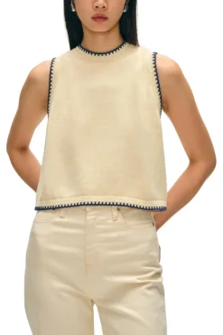 White & Warren Organic Cotton Blanket Trim Tank in Ivory - Navy