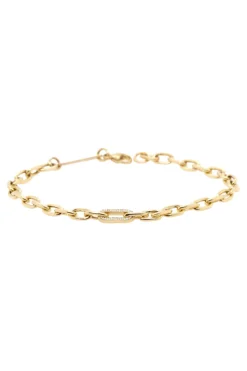 Zoe Chicco Medium Square Oval Chain Bracelet with Pavé Diamond Link in 14k Yellow gold